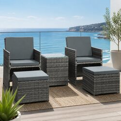 5-Piece Wicker Outdoor Bistro Set with Chairs Ottoman and Glass Table