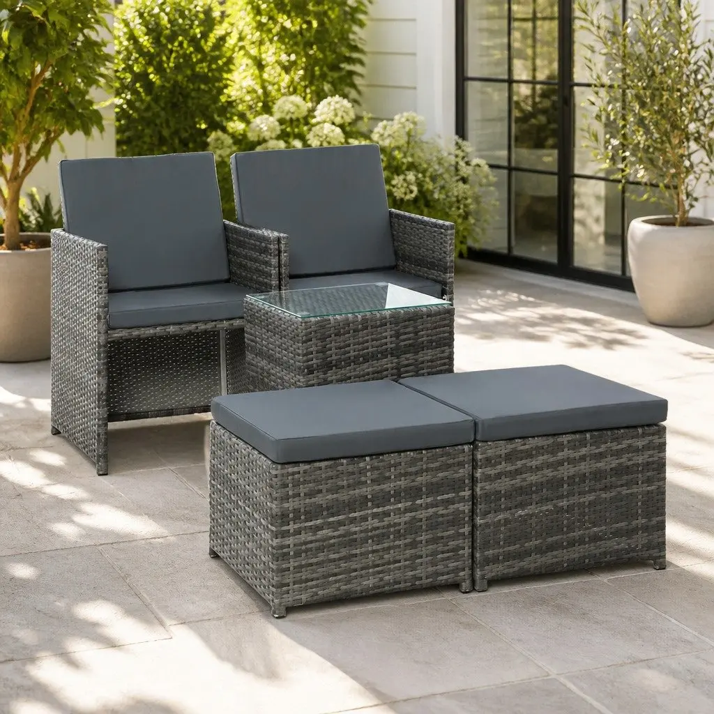 5 Piece Wicker Outdoor Bistro Set with Chairs Ottoman Glass Table