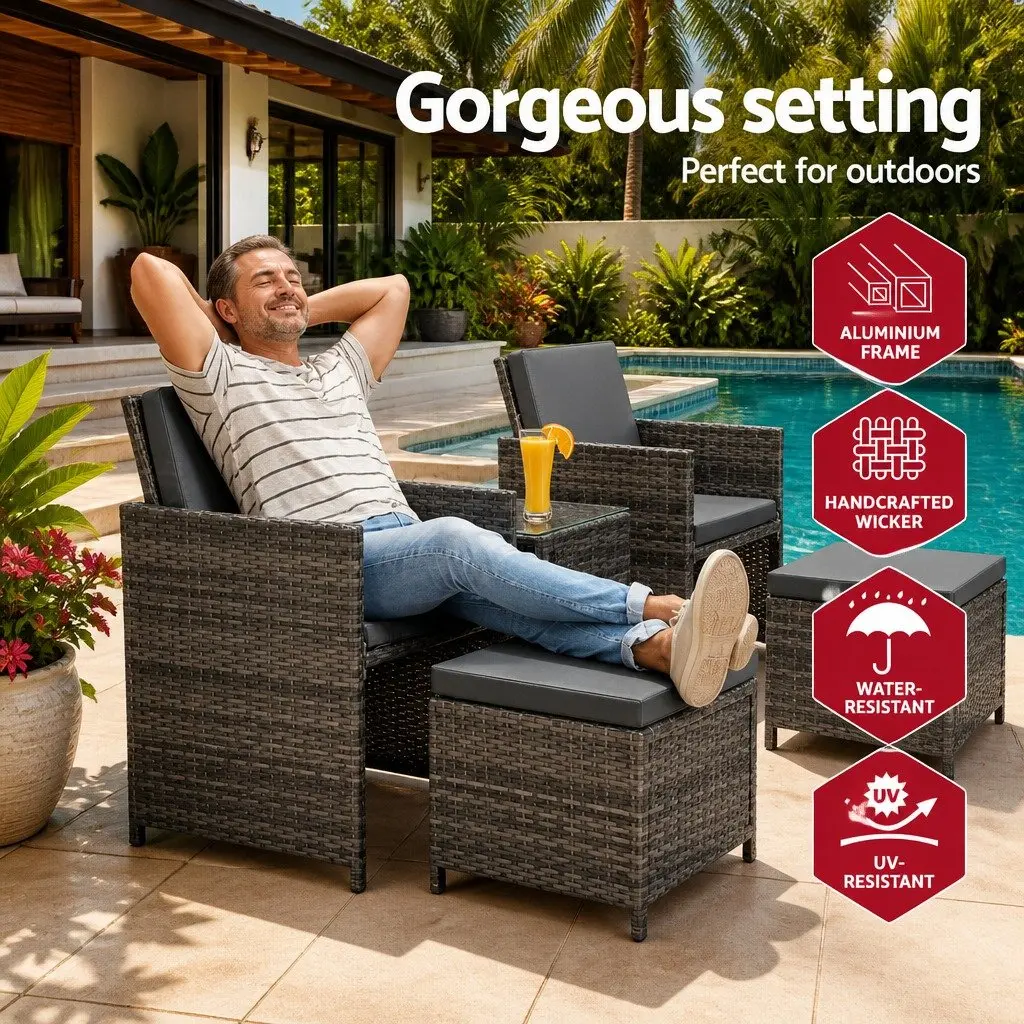 5 Piece Wicker Outdoor Bistro Set with Chairs Ottoman Glass Table