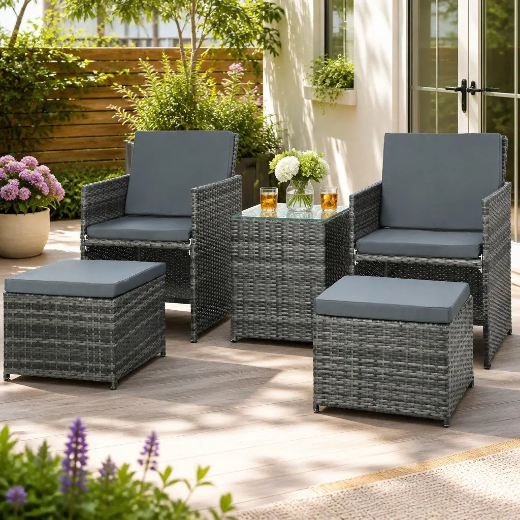 5 Piece Wicker Outdoor Bistro Set with Chairs Ottoman Glass Table