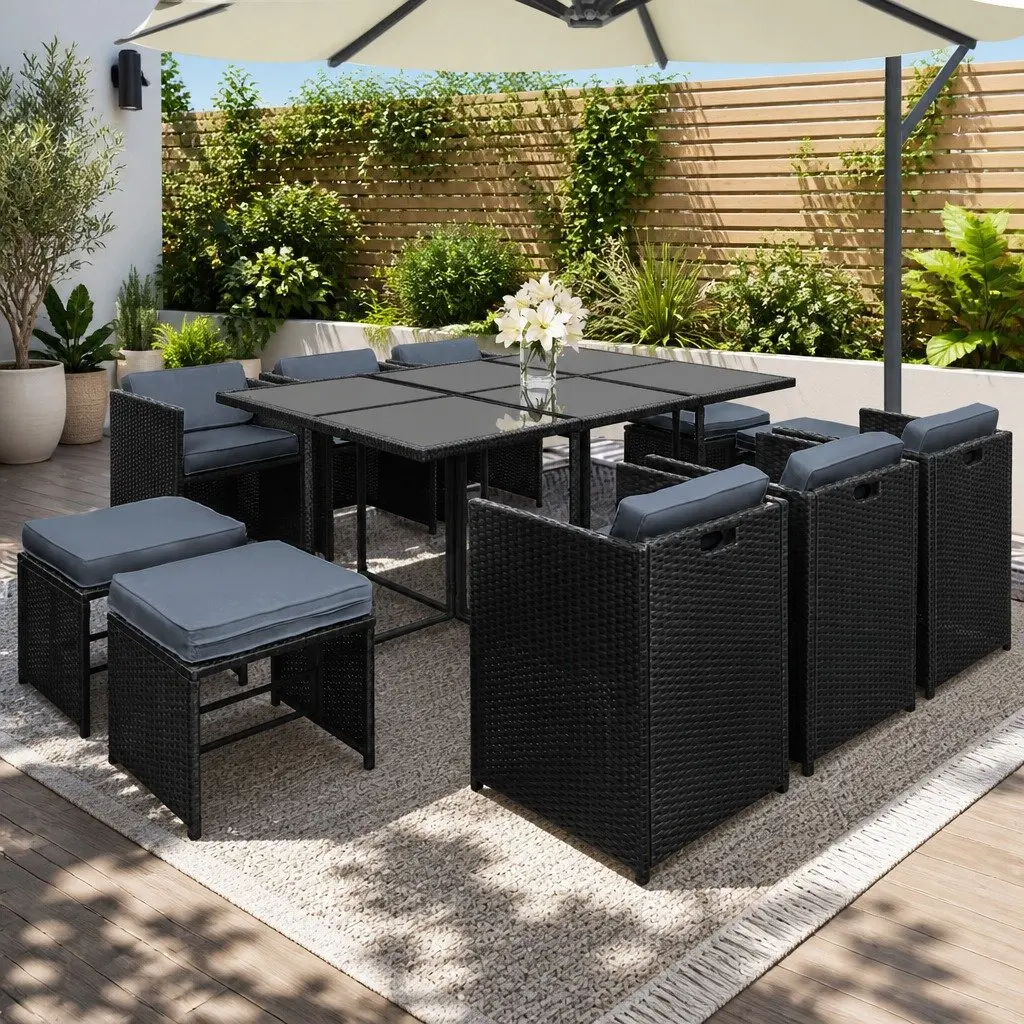 Outdoor Dining Set Wicker 11 Piece Black 10 Seater