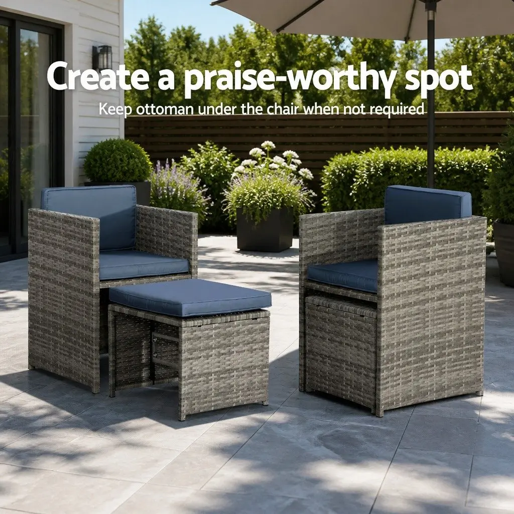 Outdoor Dining Set 11 Piece Wicker Table Chairs Ottomans Grey Cushions