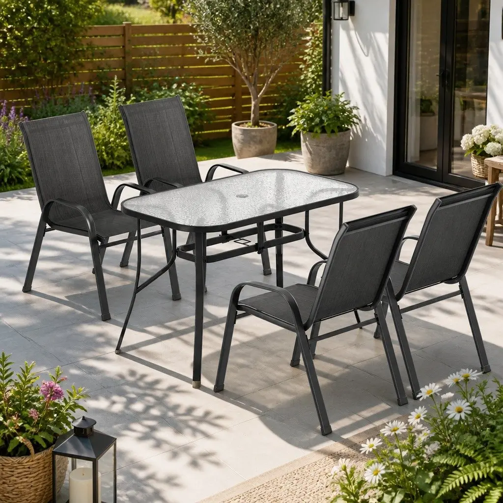 5 Piece Outdoor Dining Set Black Steel Frame Glass Table Stackable Chairs