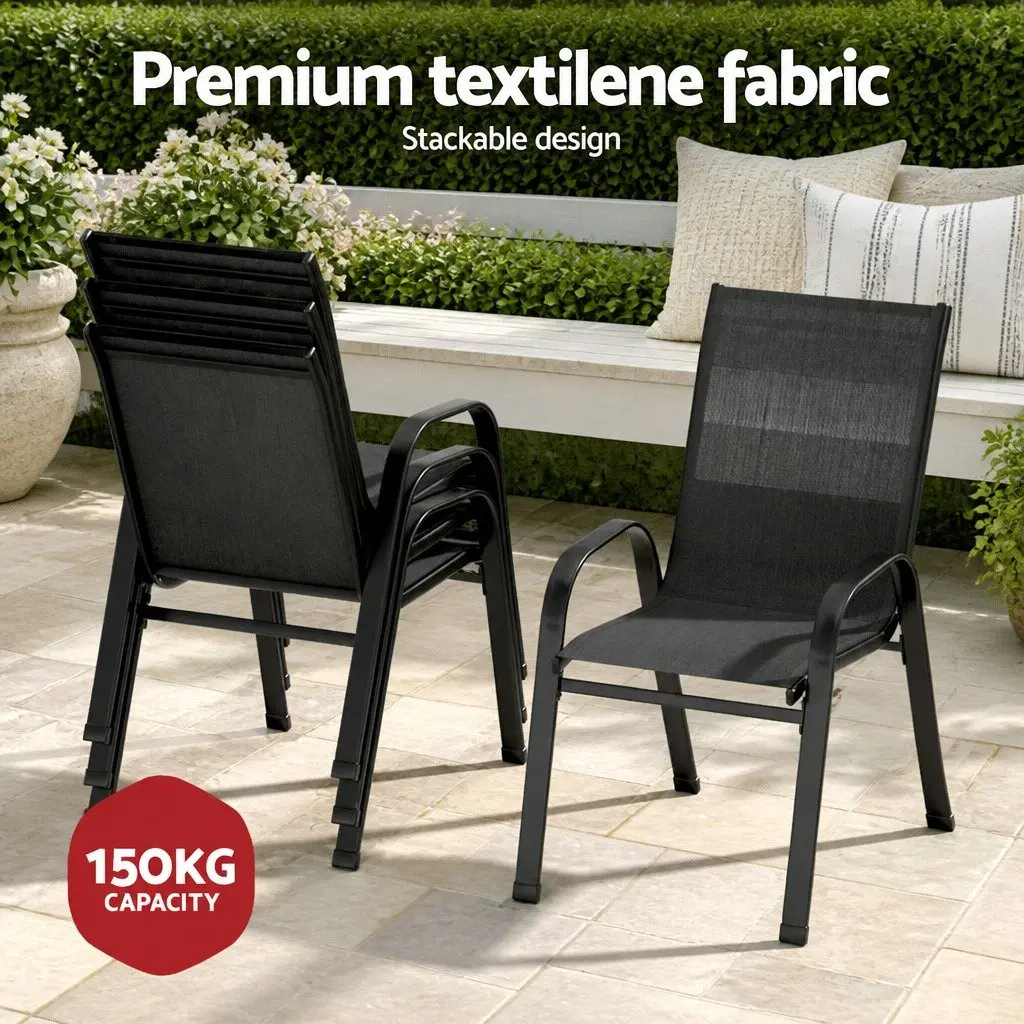 5 Piece Outdoor Dining Set Black Steel Frame Glass Table Stackable Chairs