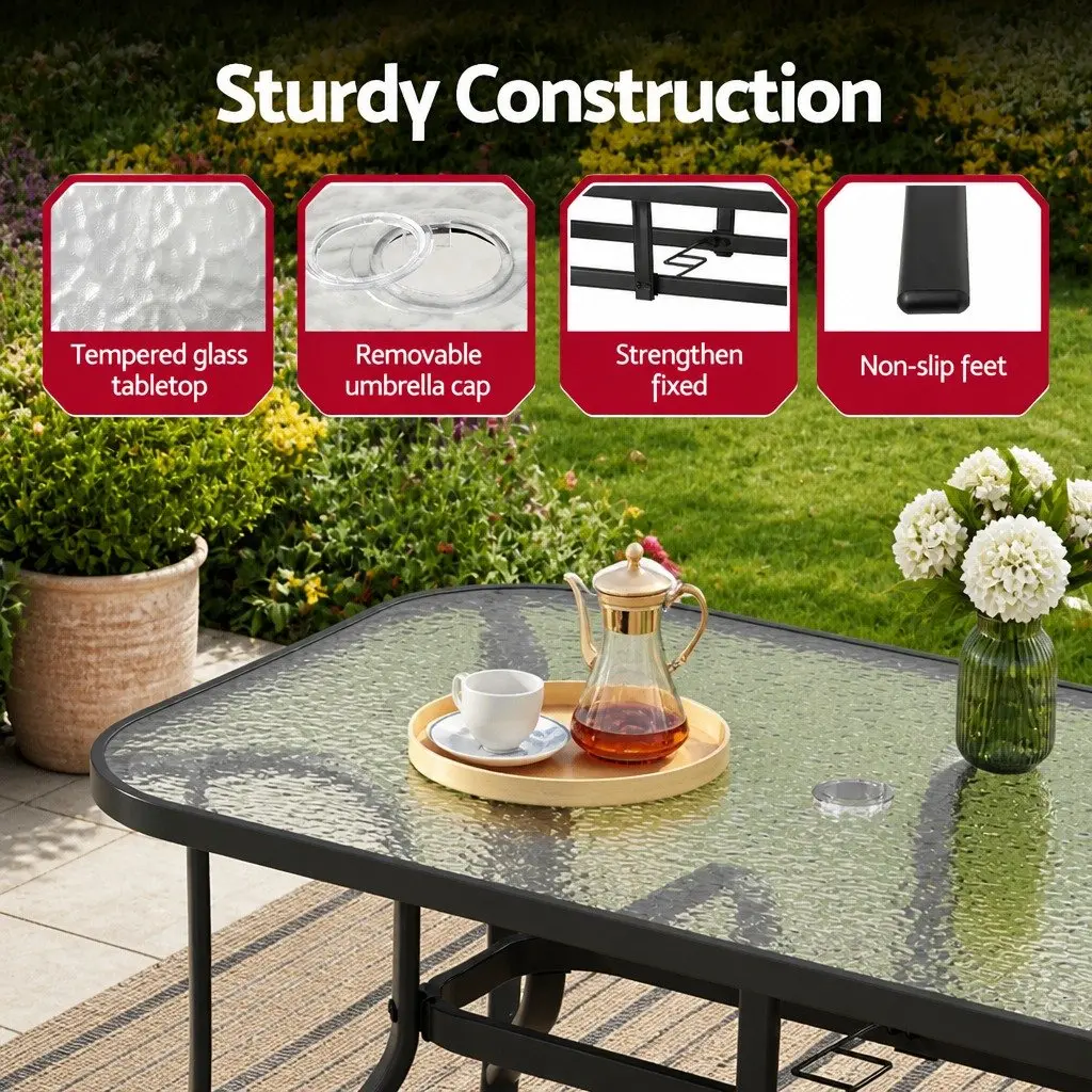 5 Piece Outdoor Dining Set Black Steel Frame Glass Table Stackable Chairs