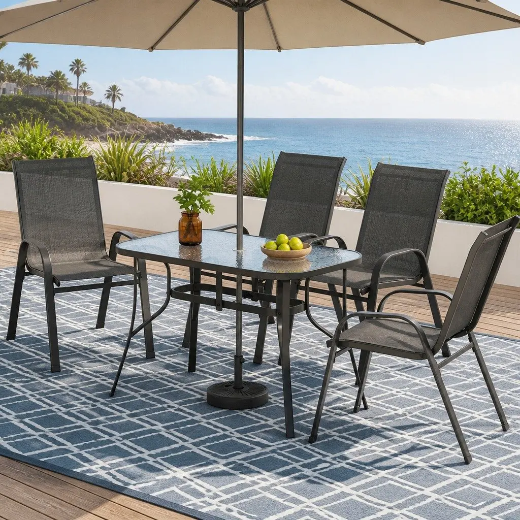 5 Piece Outdoor Dining Set Black Steel Frame Glass Table Stackable Chairs