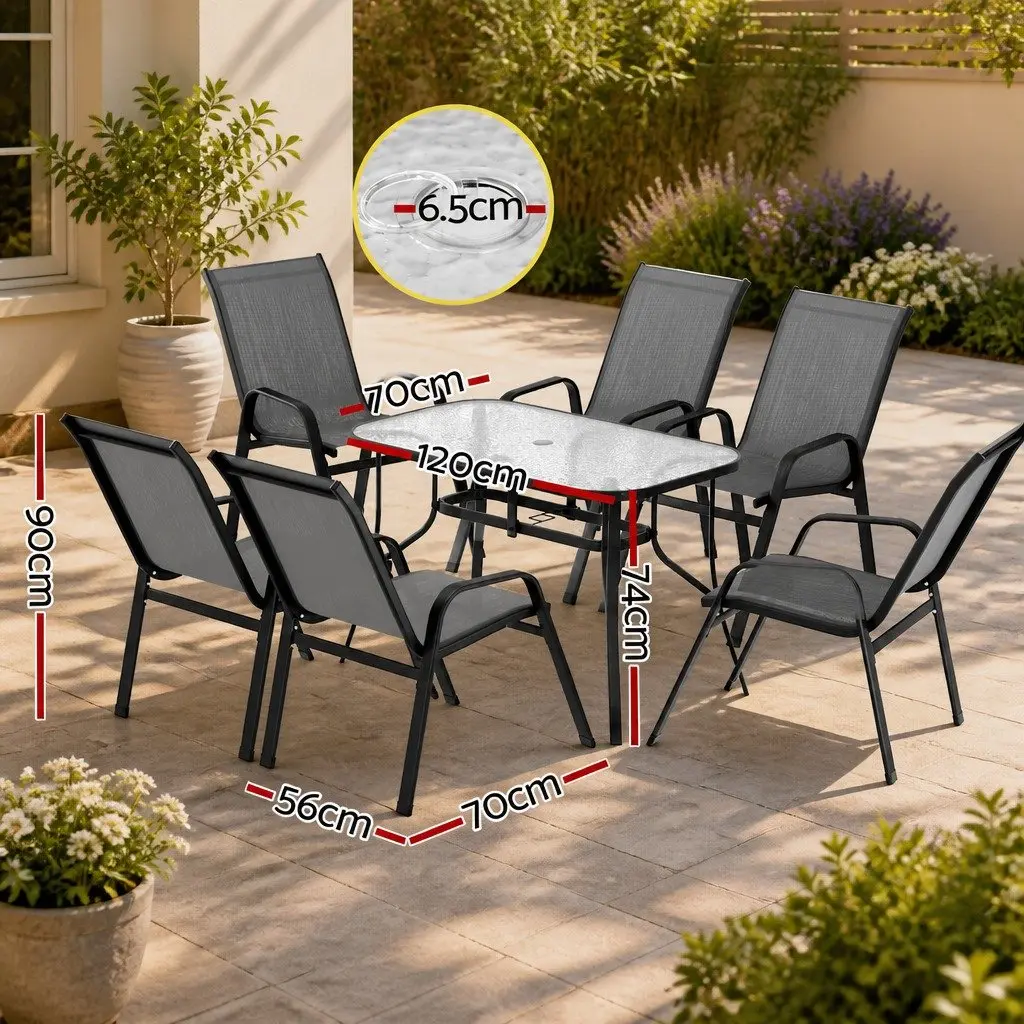 7 Piece Outdoor Dining Set Stackable Chairs Tempered Glass Table Grey Black