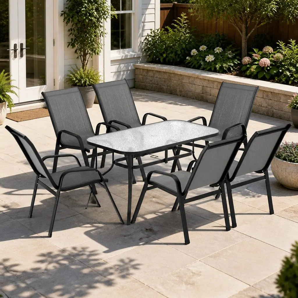 7 Piece Outdoor Dining Set Stackable Chairs Tempered Glass Table Grey Black