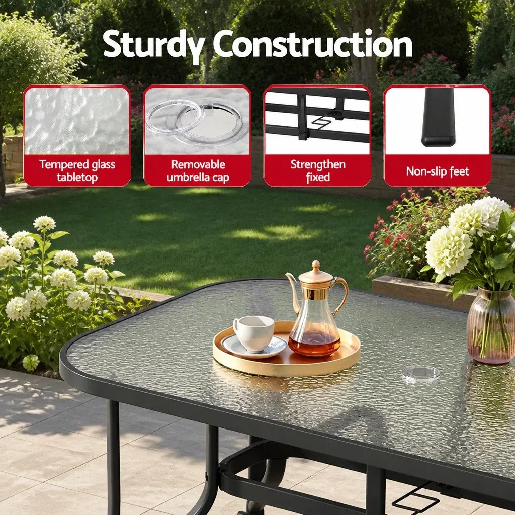 7 Piece Outdoor Dining Set Stackable Chairs Tempered Glass Table Grey Black