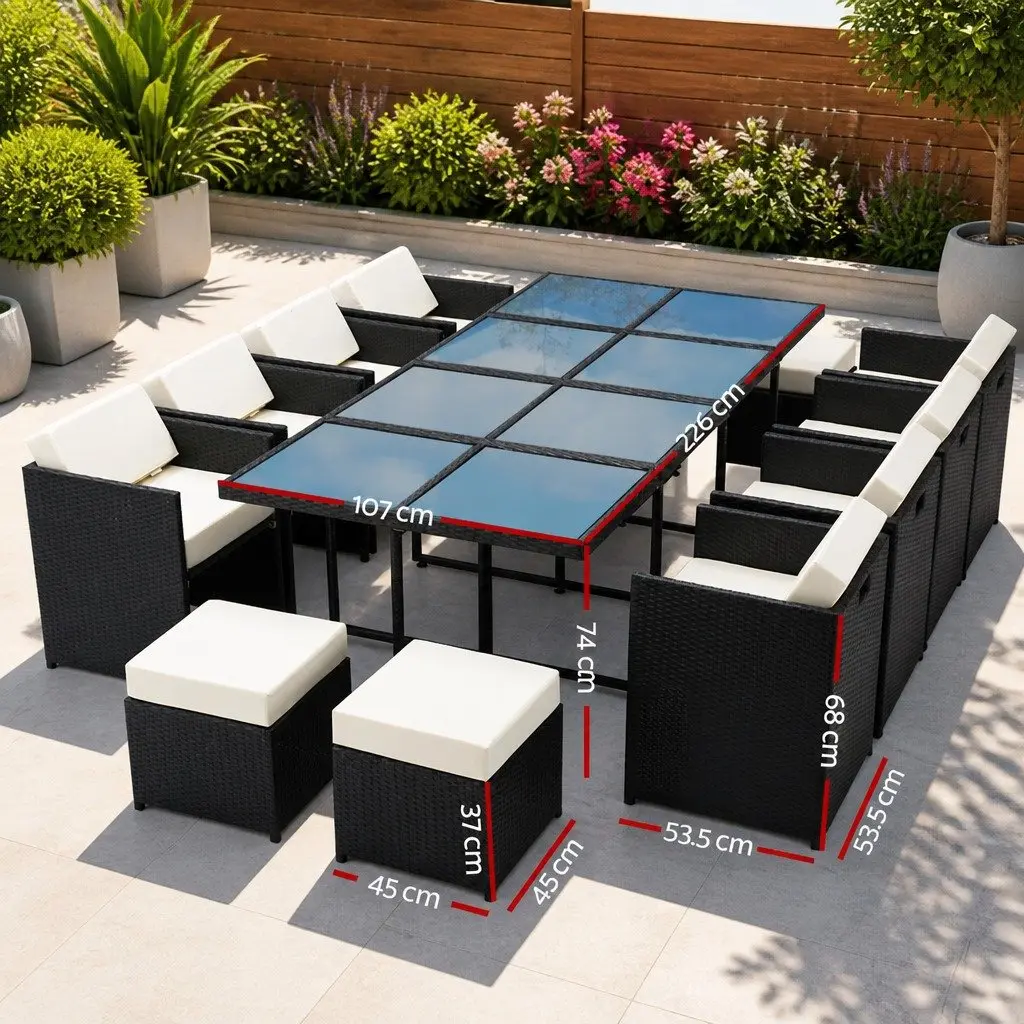 13 Piece Black Outdoor Dining Set with Rectangular Wicker Table Chairs and Ottomans