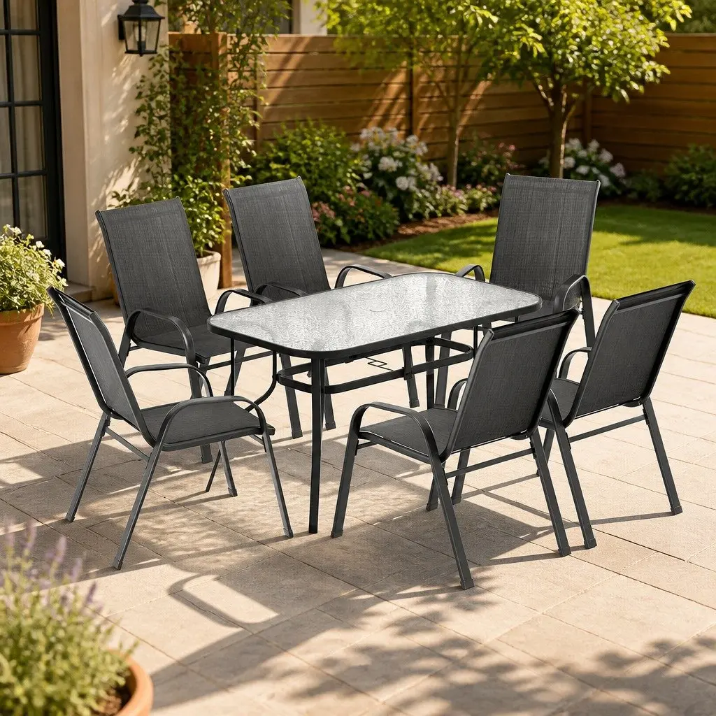 7 Piece Outdoor Dining Set Black Tempered Glass Table and Stackable Chairs for Patio Garden