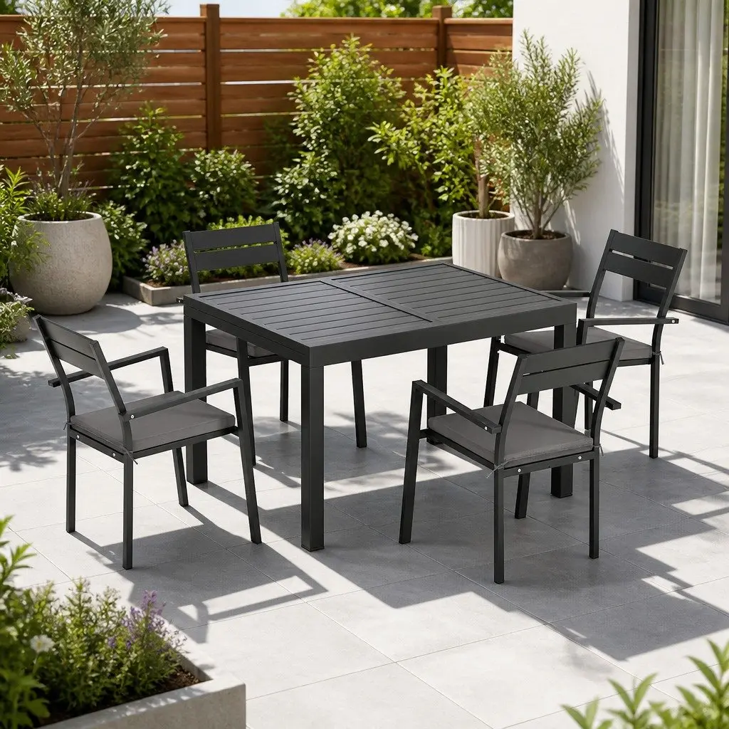 Outdoor Dining Set 5 Piece Extendable Table Aluminium Frame 4-6 Seat Patio Black