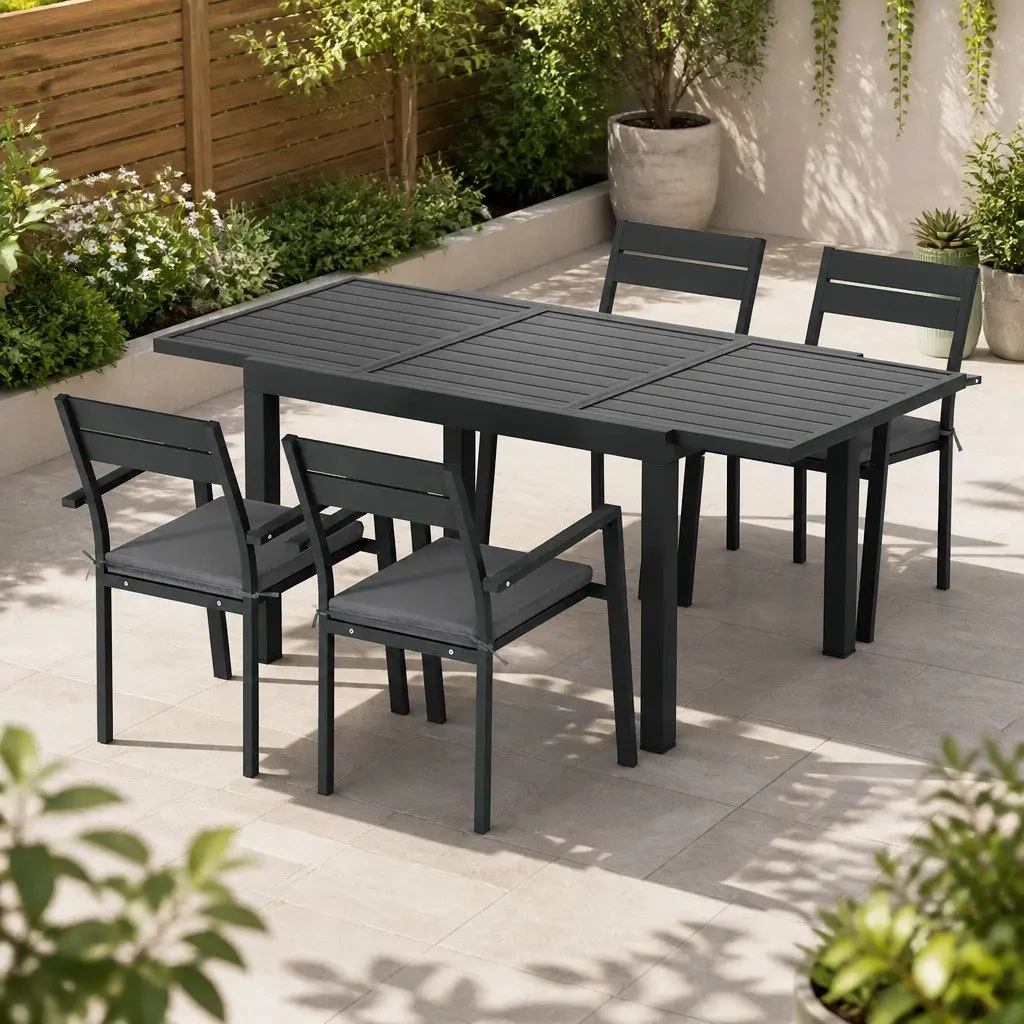 Outdoor Dining Set 5 Piece Extendable Table Aluminium Frame 4-6 Seat Patio Black
