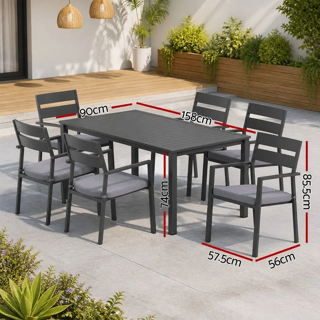 Outdoor Dining Set 7 Piece Black Aluminium Table and Chairs with Grey Cushions