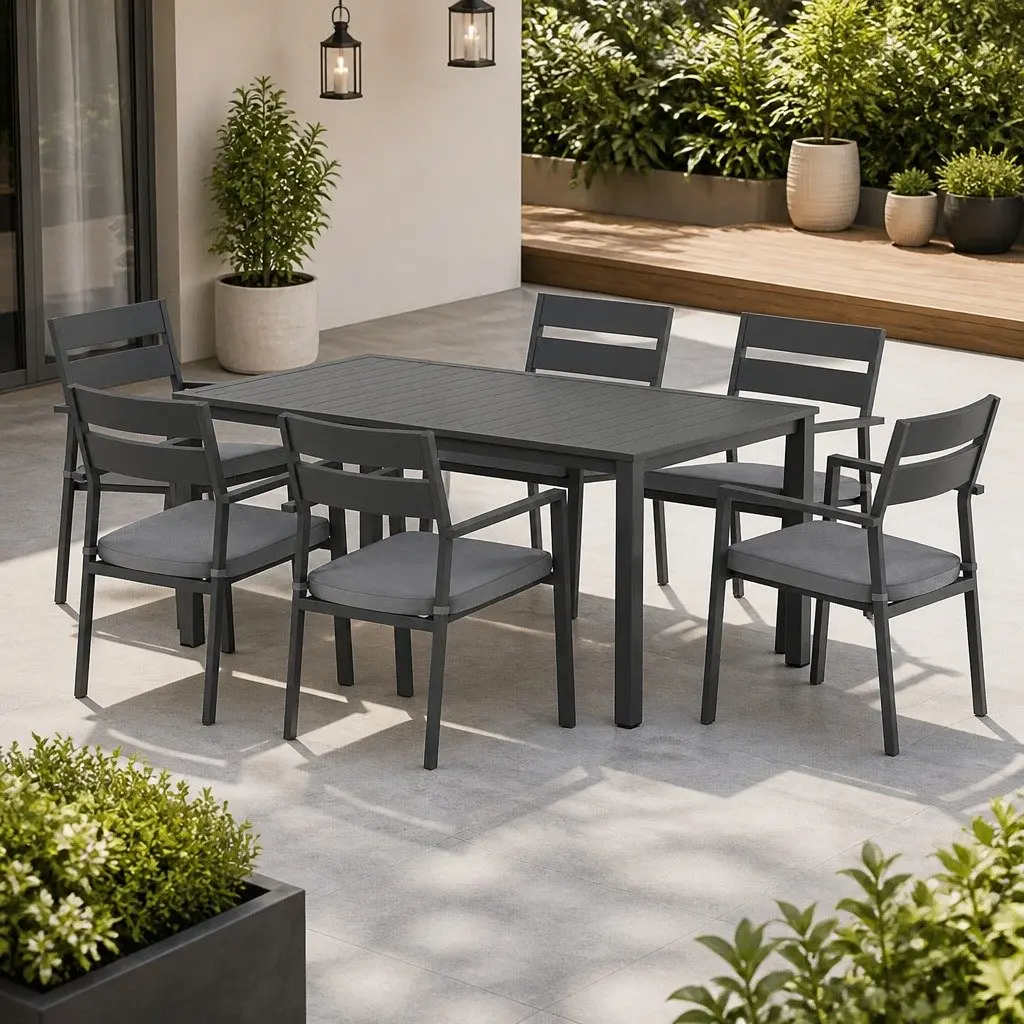 Outdoor Dining Set 7 Piece Black Aluminium Table and Chairs with Grey Cushions