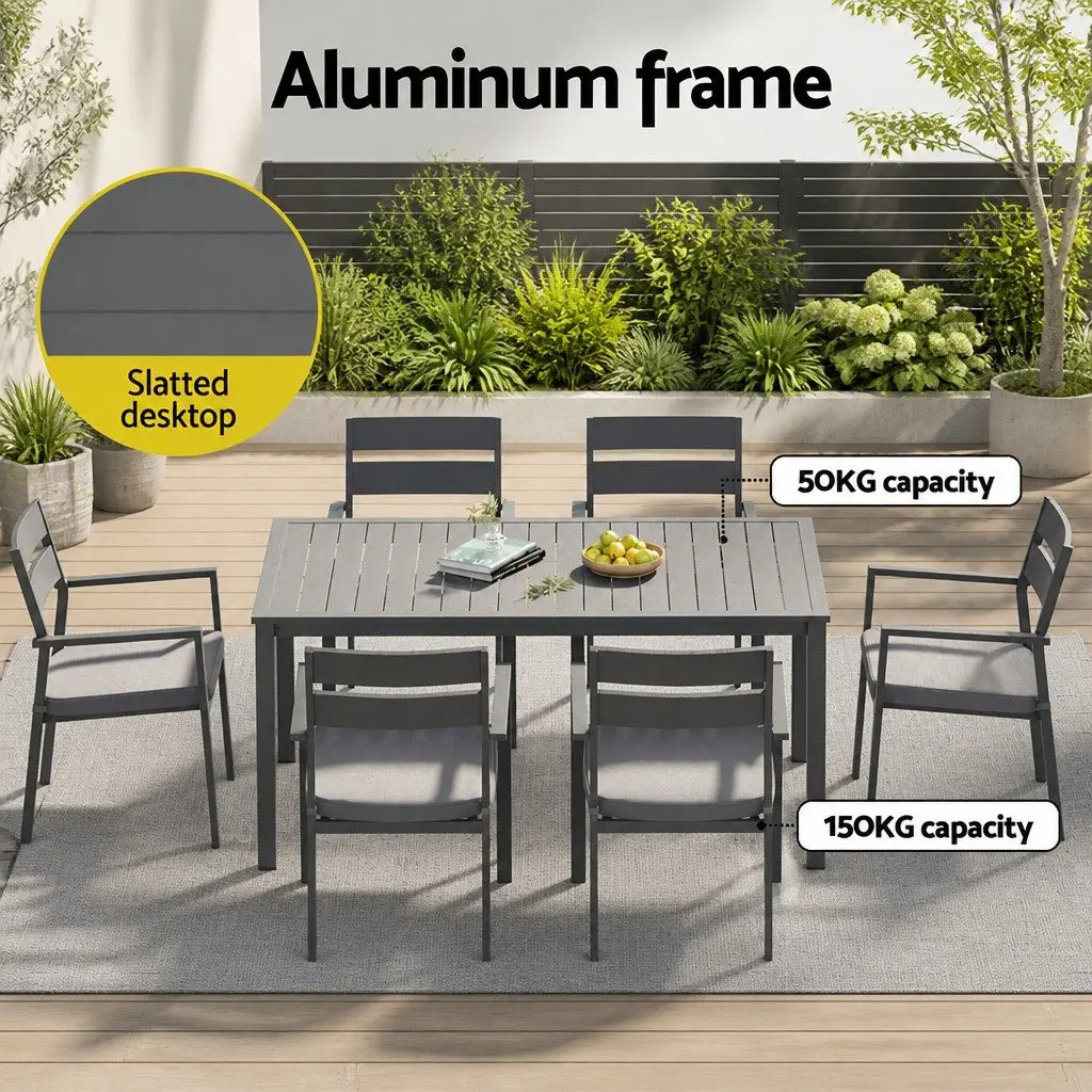 Outdoor Dining Set 7 Piece Black Aluminium Table and Chairs with Grey Cushions