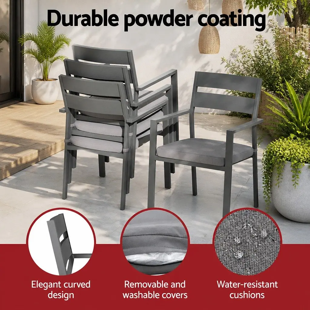 Outdoor Dining Set 7 Piece Black Aluminium Table and Chairs with Grey Cushions