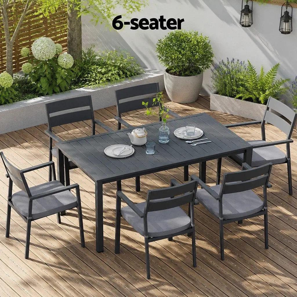 Outdoor Dining Set 7 Piece Black Aluminium Table and Chairs with Grey Cushions