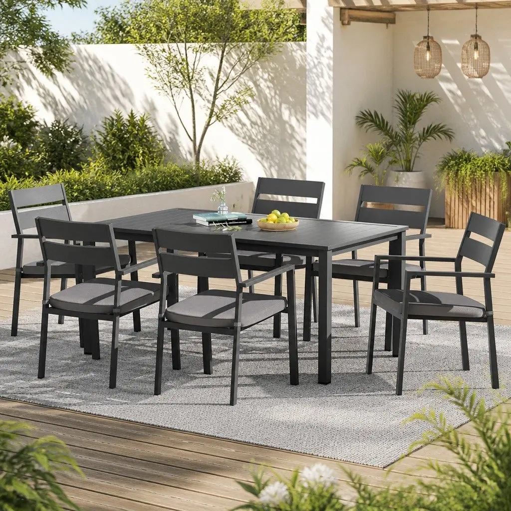 Outdoor Dining Set 7 Piece Black Aluminium Table and Chairs with Grey Cushions