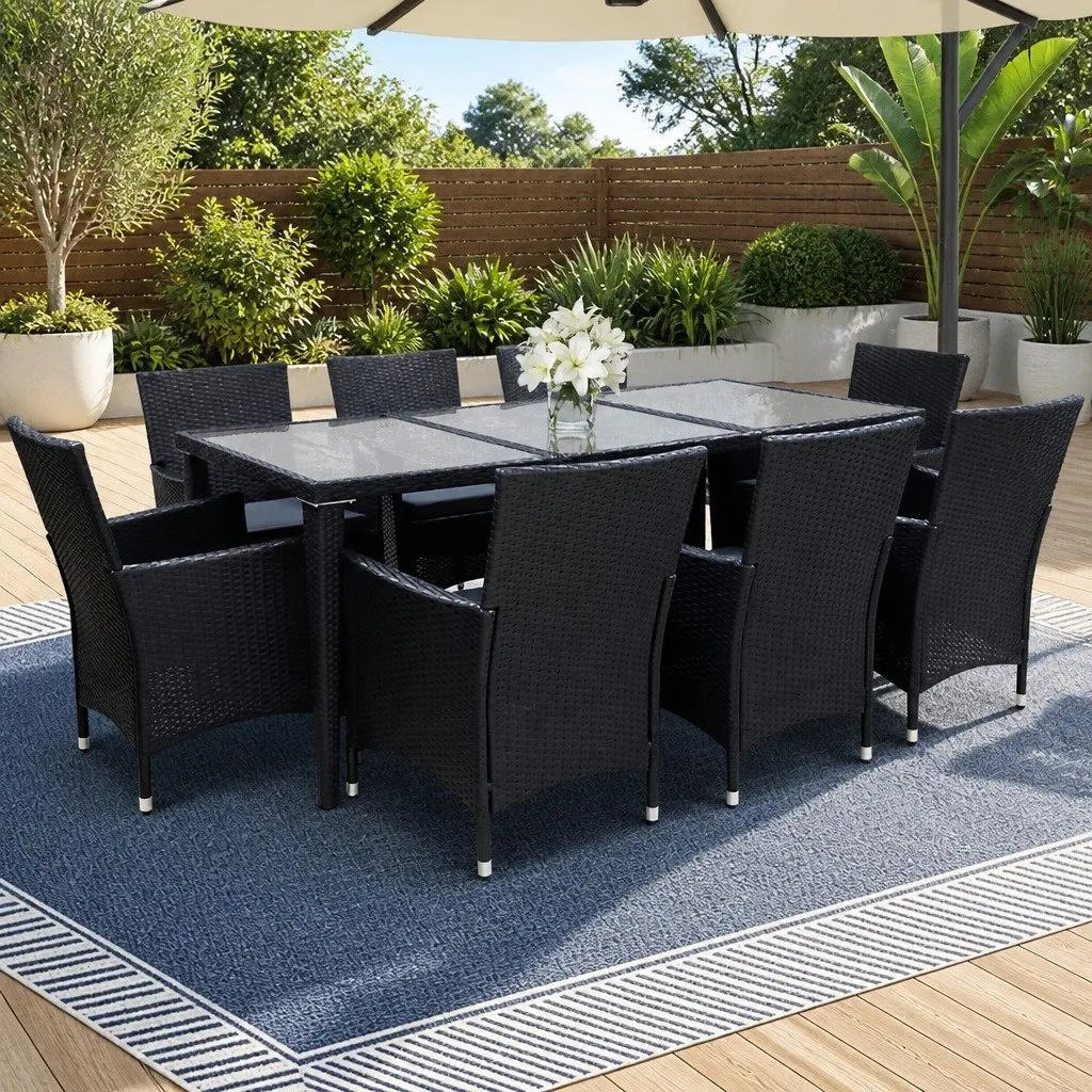 9 Piece Wicker Lounge Chairs and Table Outdoor Dining Set Black Garden Furniture