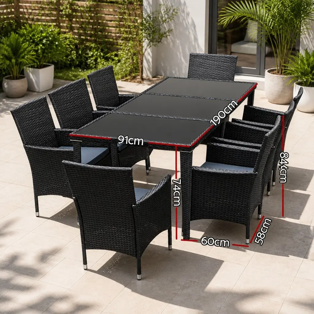 9 Piece Wicker Lounge Chairs and Table Outdoor Dining Set Black Garden Furniture