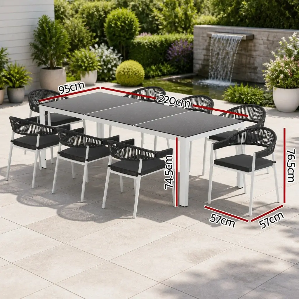 Outdoor Dining Set 9 Piece Steel Table Chairs with Cushions Grey Setting