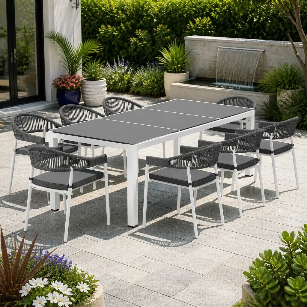Outdoor Dining Set 9 Piece Steel Table Chairs with Cushions Grey Setting