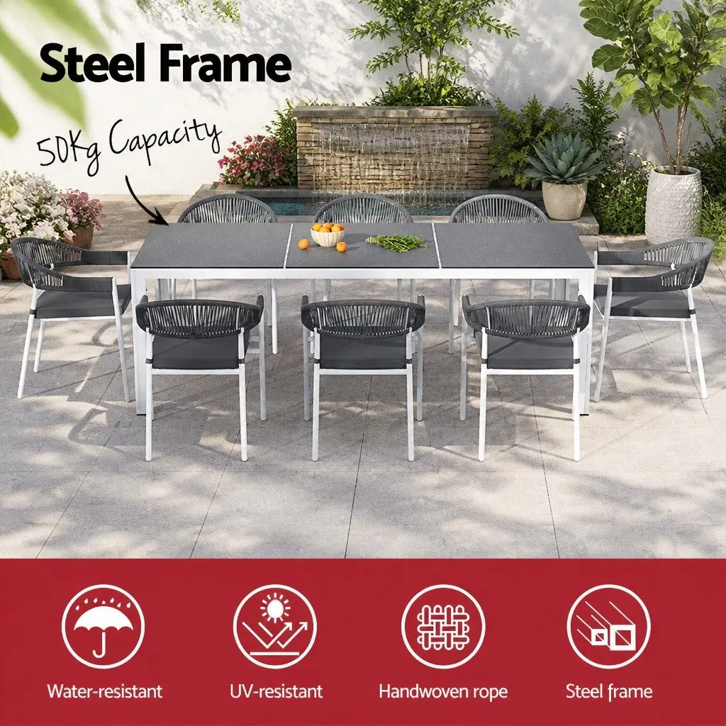 Outdoor Dining Set 9 Piece Steel Table Chairs with Cushions Grey Setting