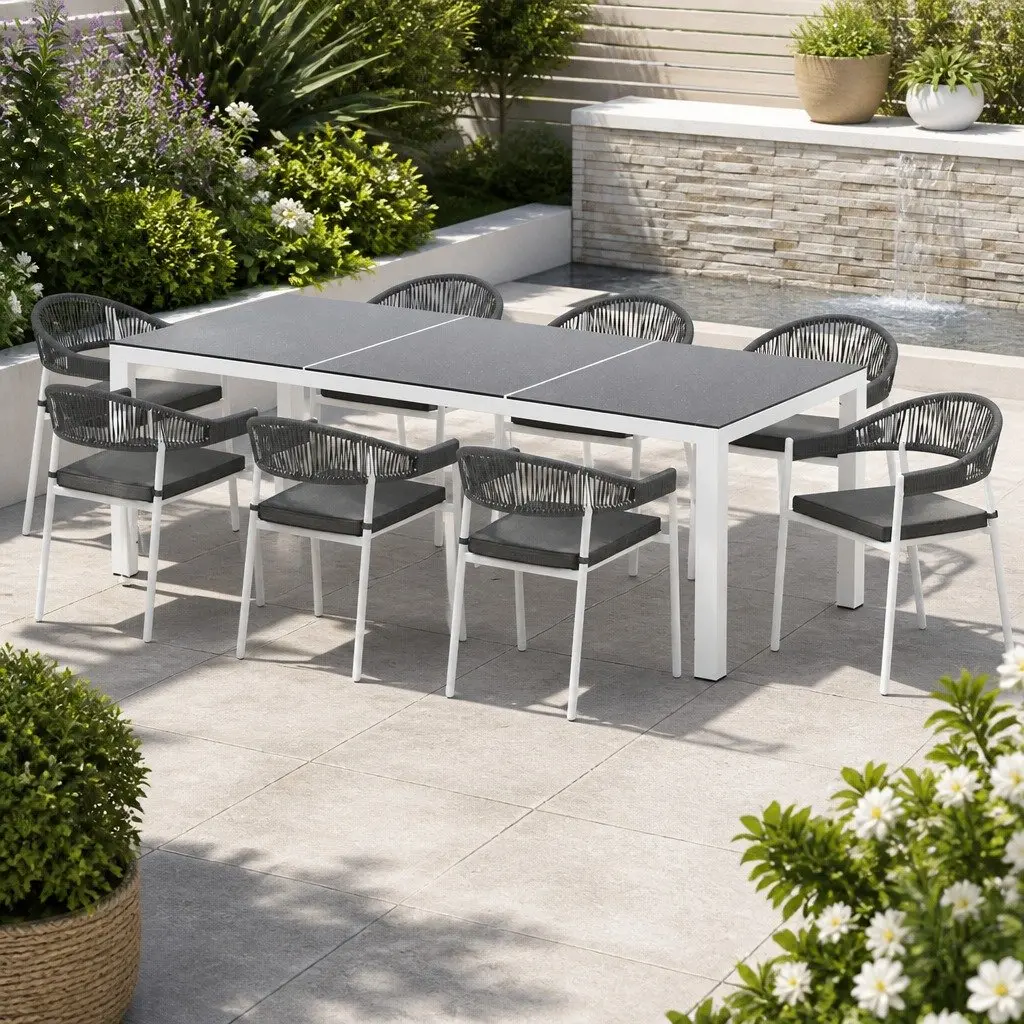Outdoor Dining Set 9 Piece Steel Table Chairs with Cushions Grey Setting