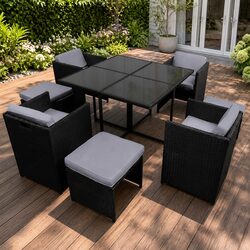 Outdoor Dining Set 9 Piece Wicker Table Chair Ottoman Black for 8 Seaters Garden