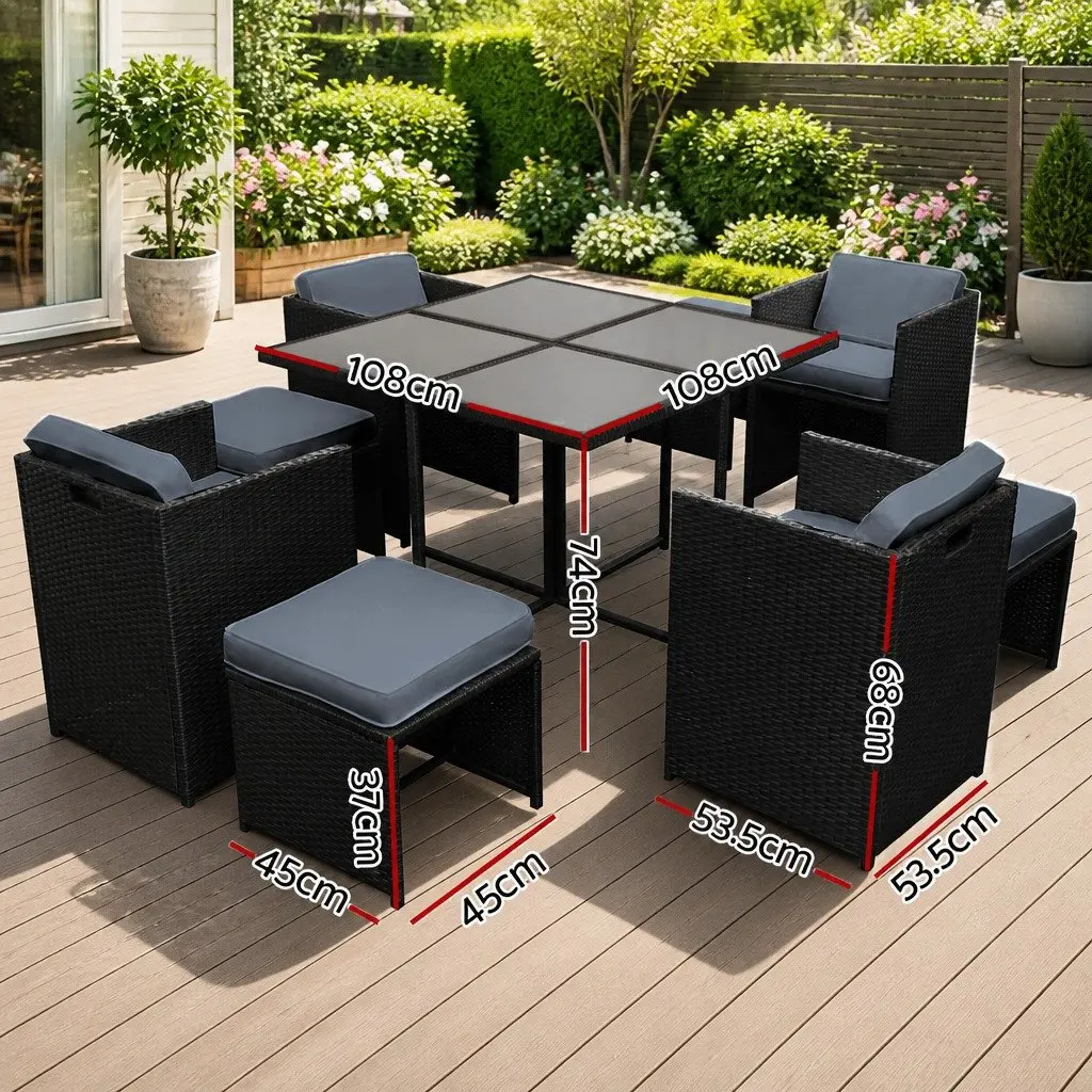 Outdoor Dining Set Wicker Black 9 Piece for 8 Seaters Garden