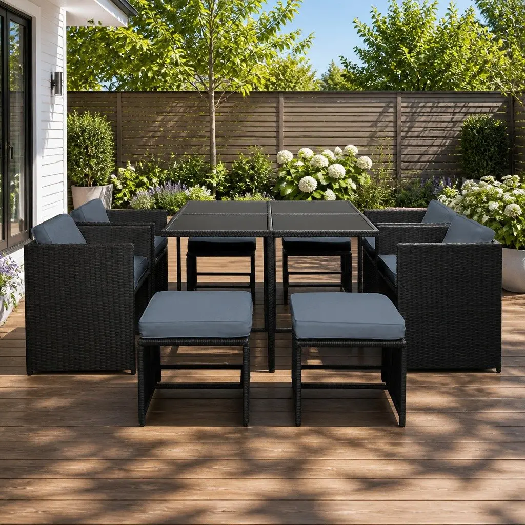 Outdoor Dining Set Wicker Black 9 Piece for 8 Seaters Garden