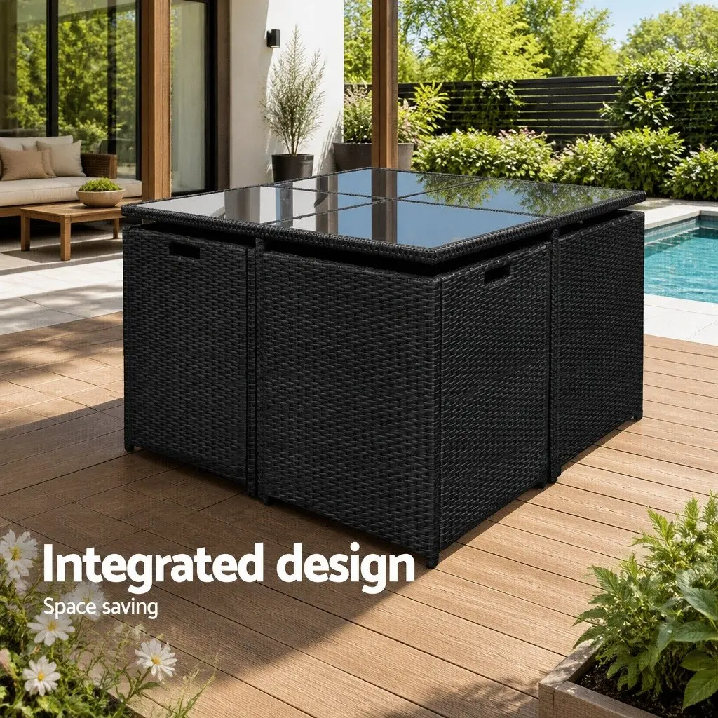Outdoor Dining Set Wicker Black 9 Piece for 8 Seaters Garden