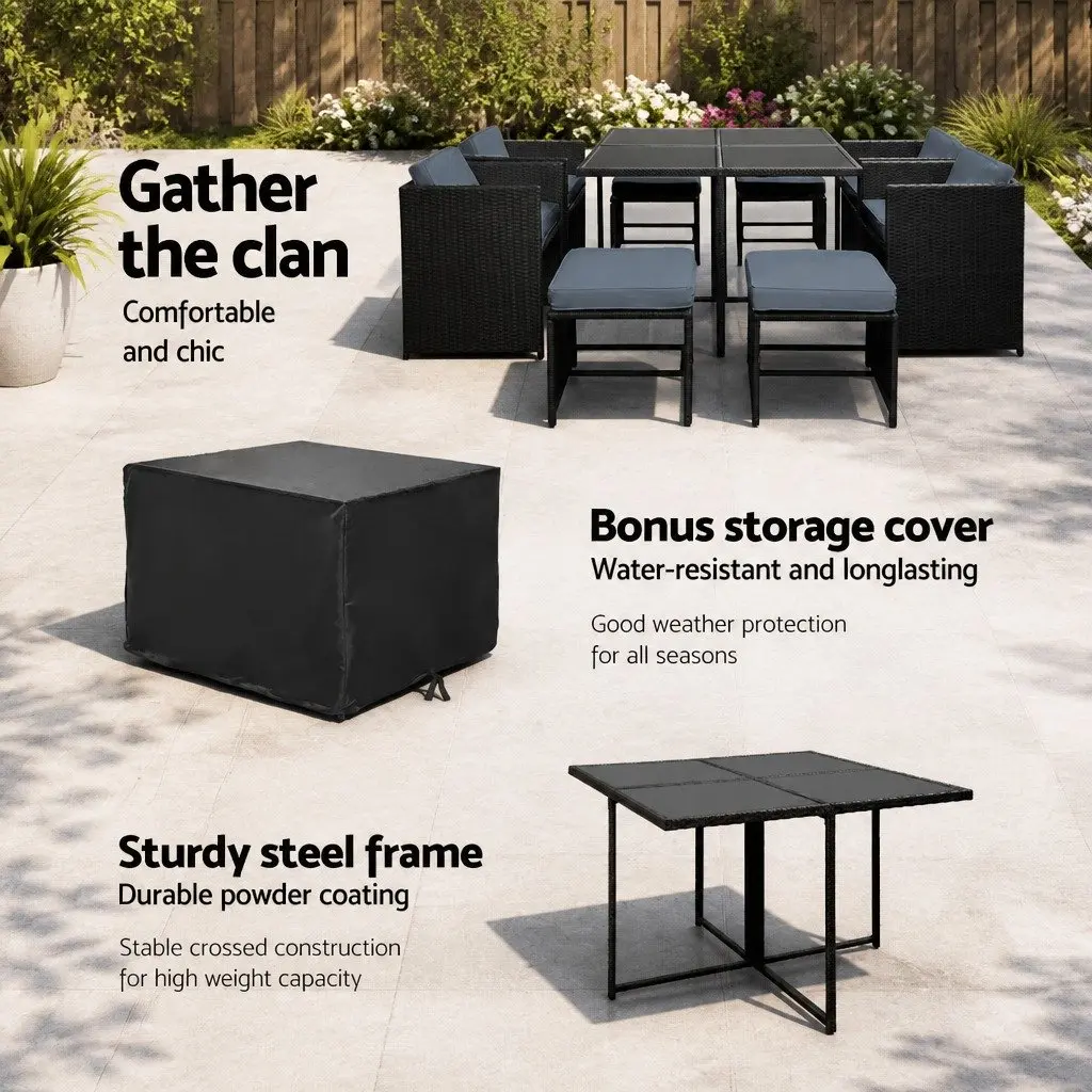 Outdoor Dining Set Wicker Black 9 Piece for 8 Seaters Garden