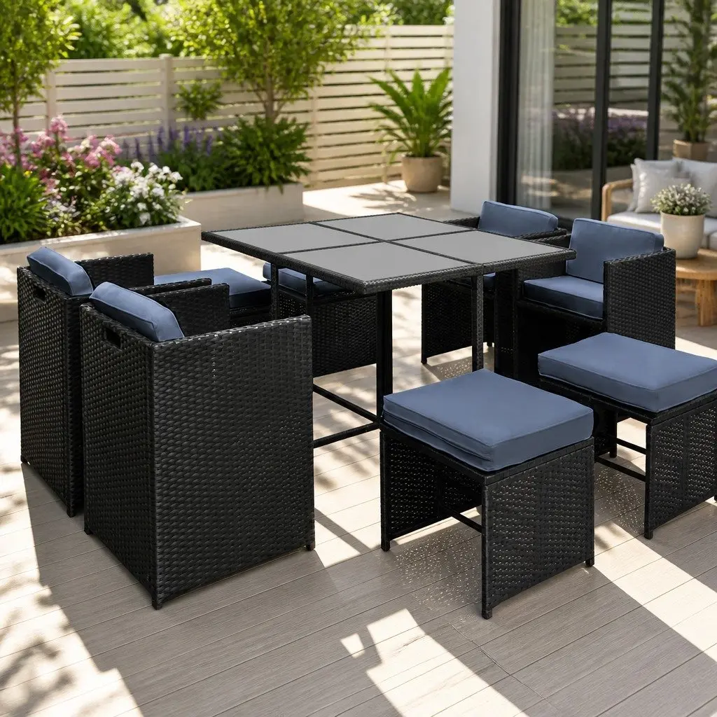 Outdoor Dining Set Wicker Black 9 Piece for 8 Seaters Garden