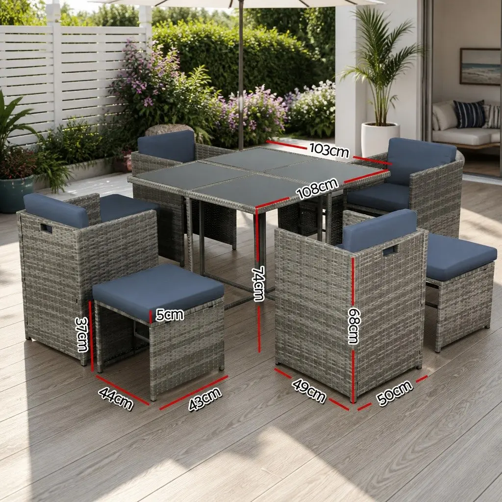 Wicker Outdoor Dining Set 9 Piece Grey Compact Table Chairs with Cushions