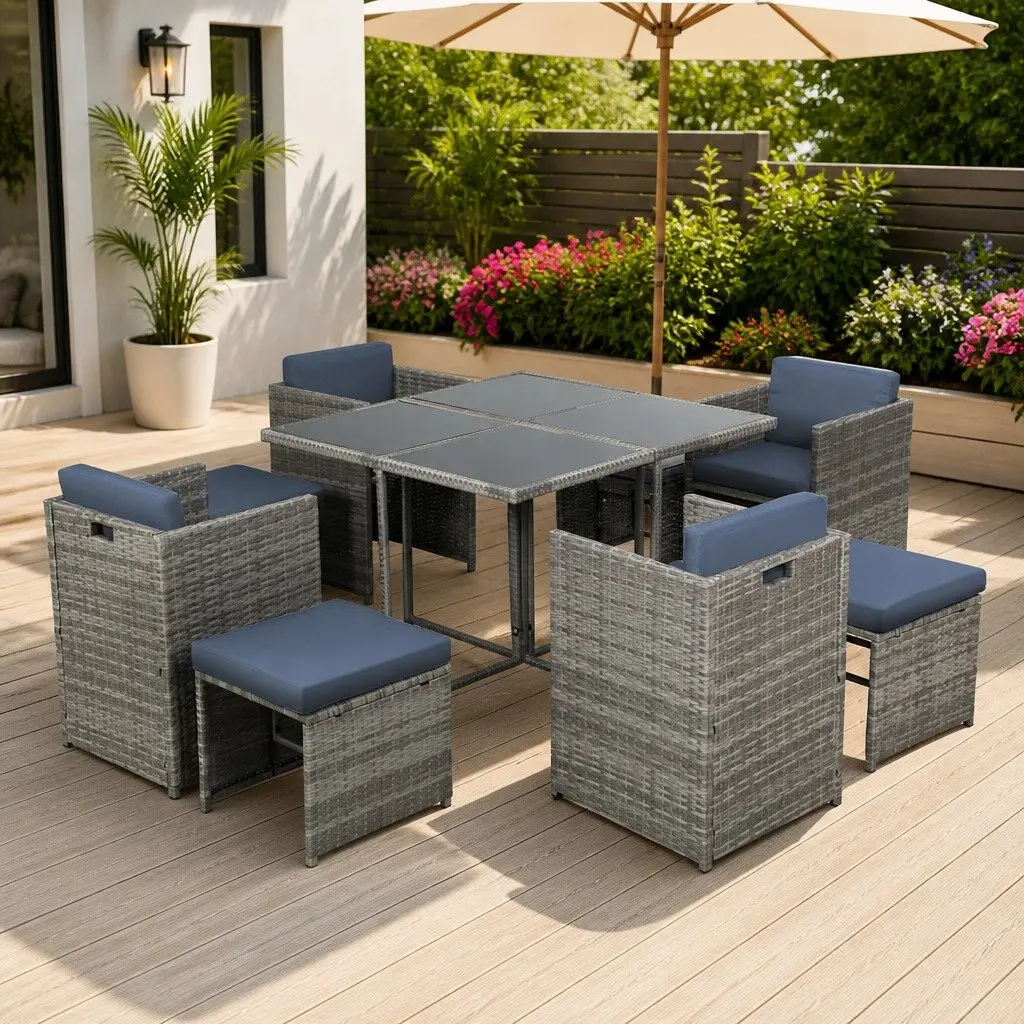 Wicker Outdoor Dining Set 9 Piece Grey Compact Table Chairs with Cushions