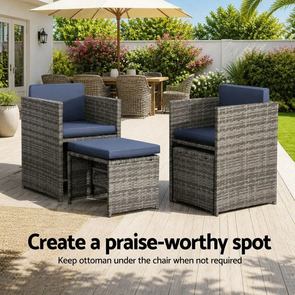 Wicker Outdoor Dining Set 9 Piece Grey Compact Table Chairs with Cushions