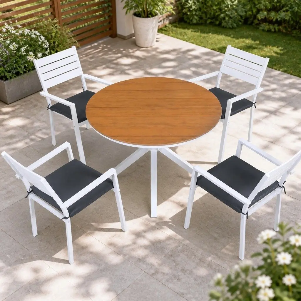 Outdoor Dining Set Round Table with X-Base Frame and 4 Stackable Chairs White