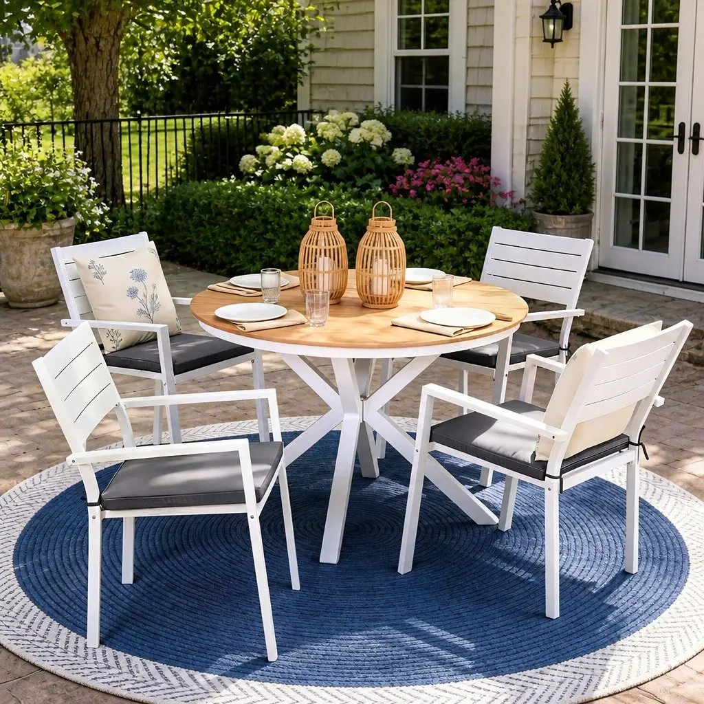 Outdoor Dining Set Round Table with X-Base Frame and 4 Stackable Chairs White