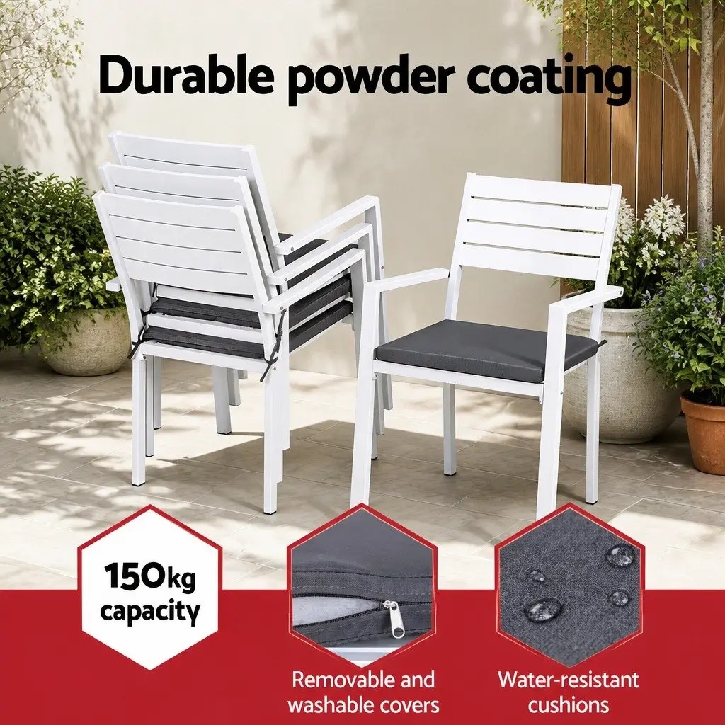 Outdoor Dining Set Round Table with X-Base Frame and 4 Stackable Chairs White