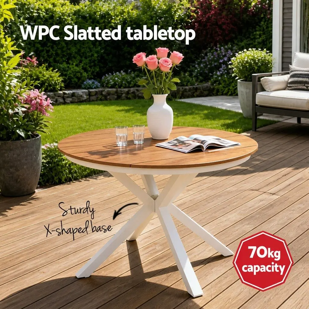 Outdoor Dining Set Round Table with X-Base Frame and 4 Stackable Chairs White