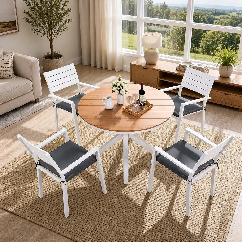 Outdoor Dining Set Round Table with X-Base Frame and 4 Stackable Chairs White