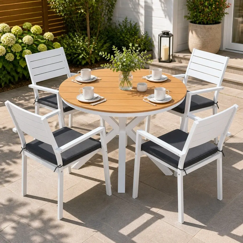 Outdoor Dining Set Round Table with X-Base Frame and 4 Stackable Chairs White