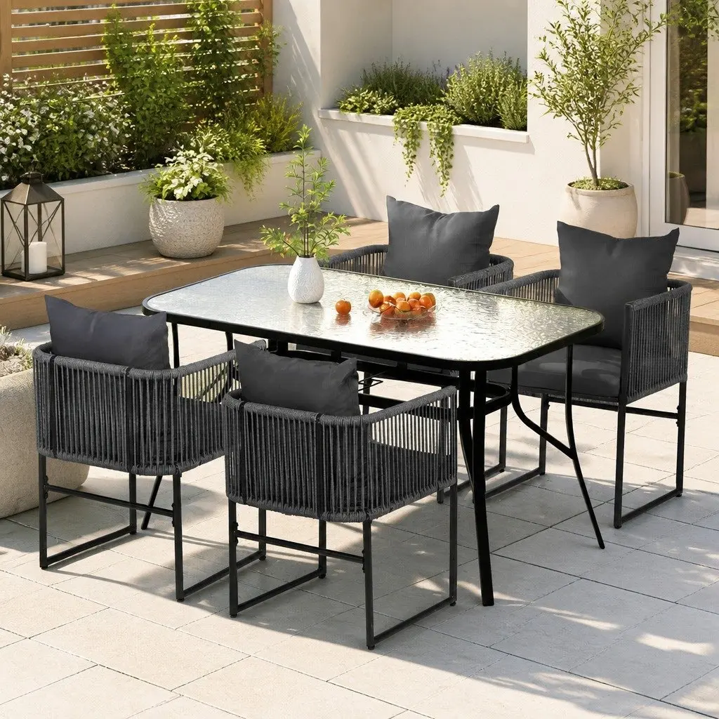 5 Piece Outdoor Dining Set Black Table with Parasol Hole and Stackable Chairs for Patio Garden