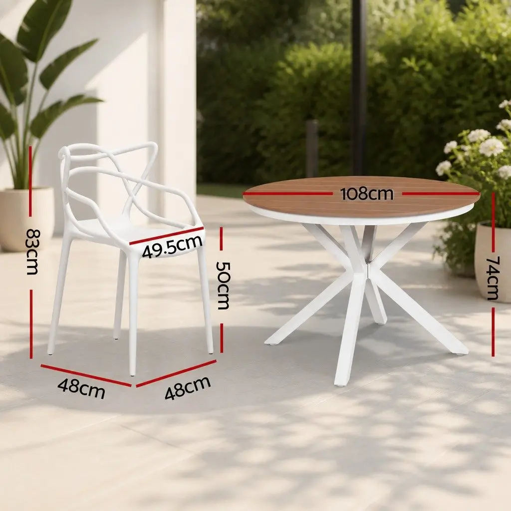 5 Piece Outdoor Dining Set Stackable White Table and Chairs