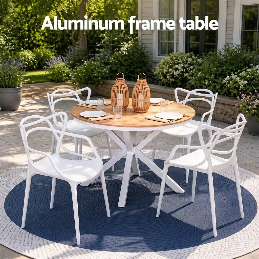 5 Piece Outdoor Dining Set Stackable White Table and Chairs