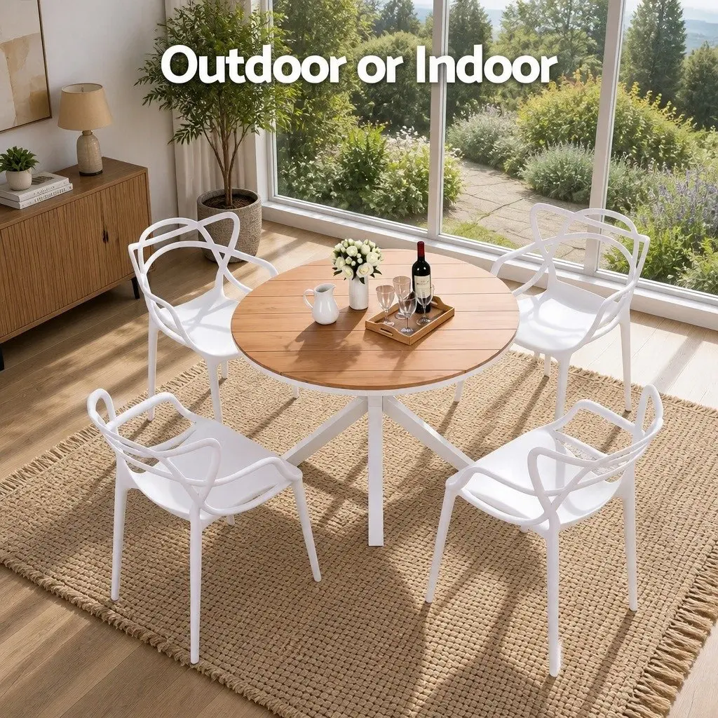 5 Piece Outdoor Dining Set Stackable White Table and Chairs