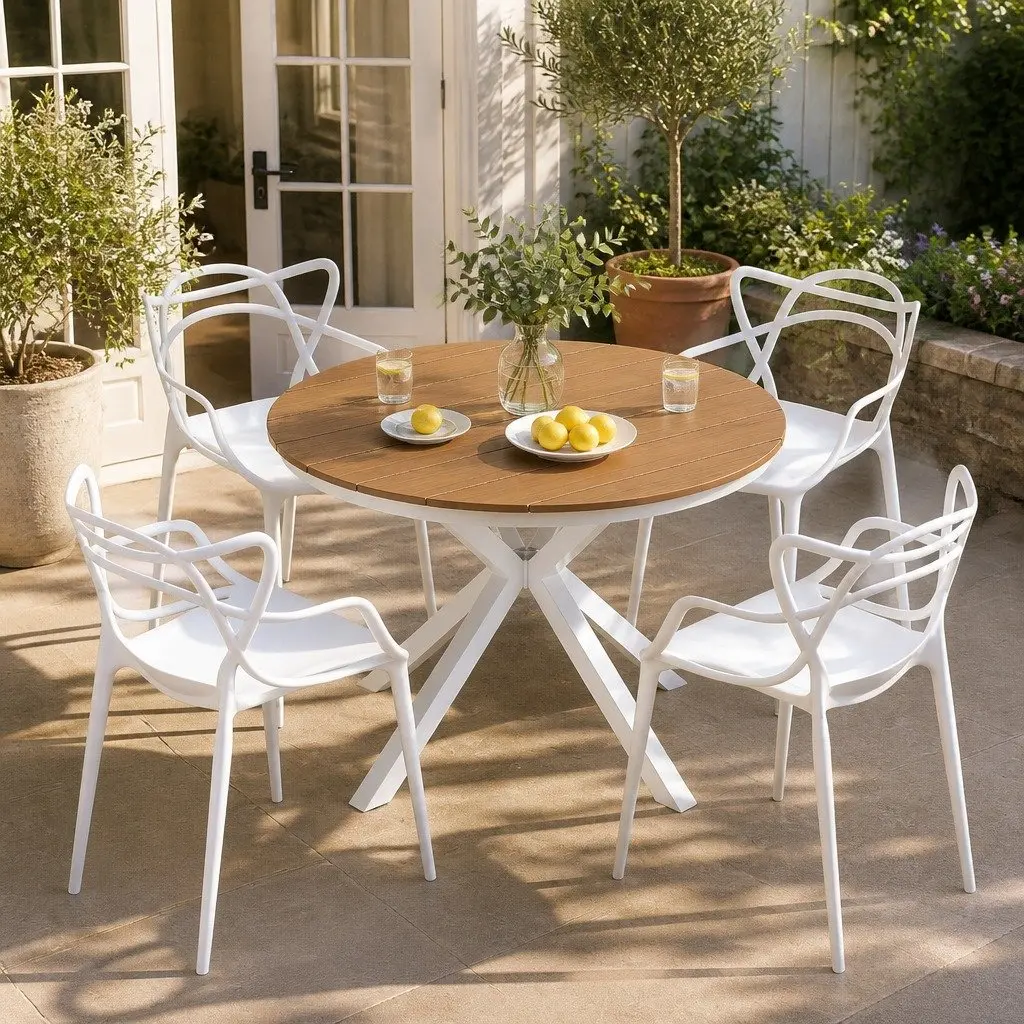5 Piece Outdoor Dining Set Stackable White Table and Chairs