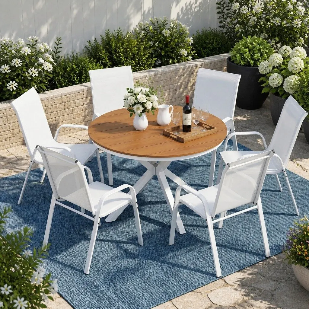 7 Piece Outdoor Dining Set White Steel Table and Stackable Chairs for Patio Garden